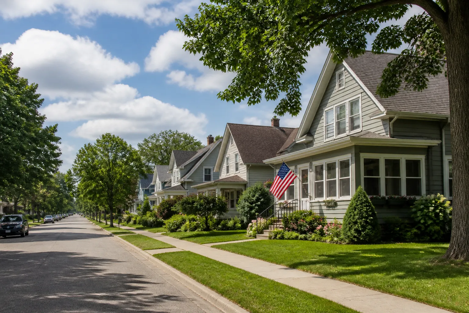 Well-kept homes along a calm small-town street.