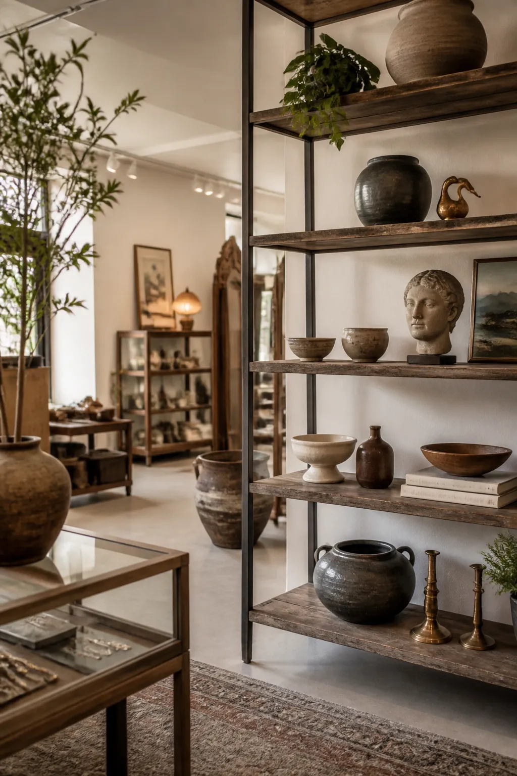 Curated showroom with vintage finds and collectibles in soft natural light.