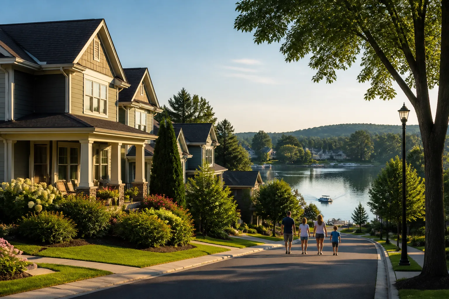 Lakeside community with tidy homes and tree-lined streets.