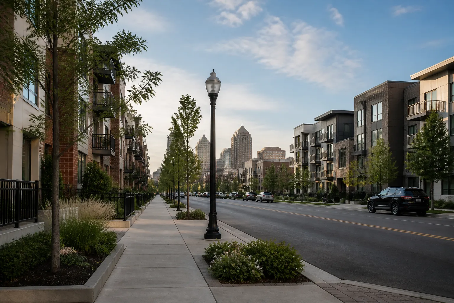 Clean city neighborhood with modern buildings and calm streets.