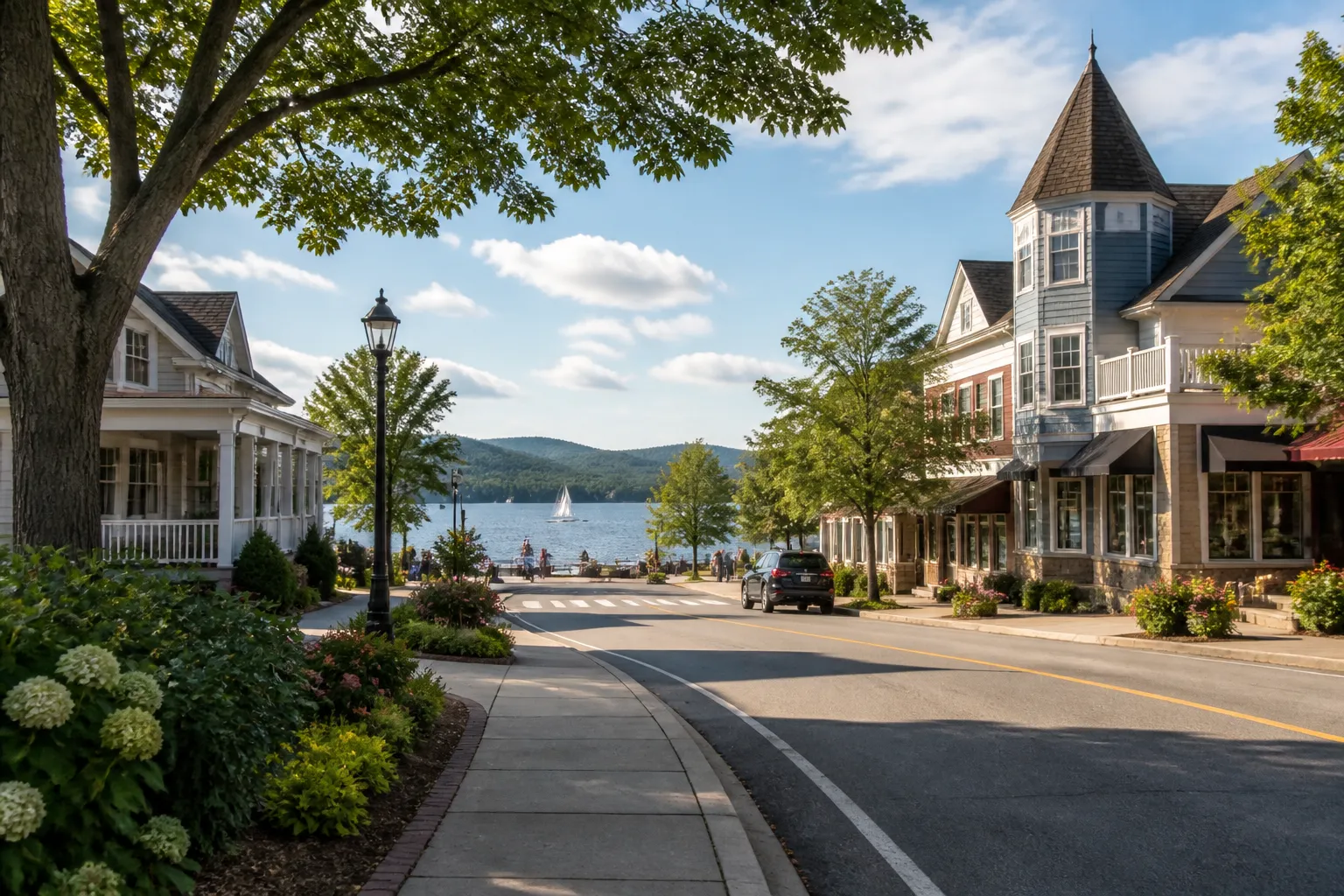 Lakeside town street with homes and local businesses.