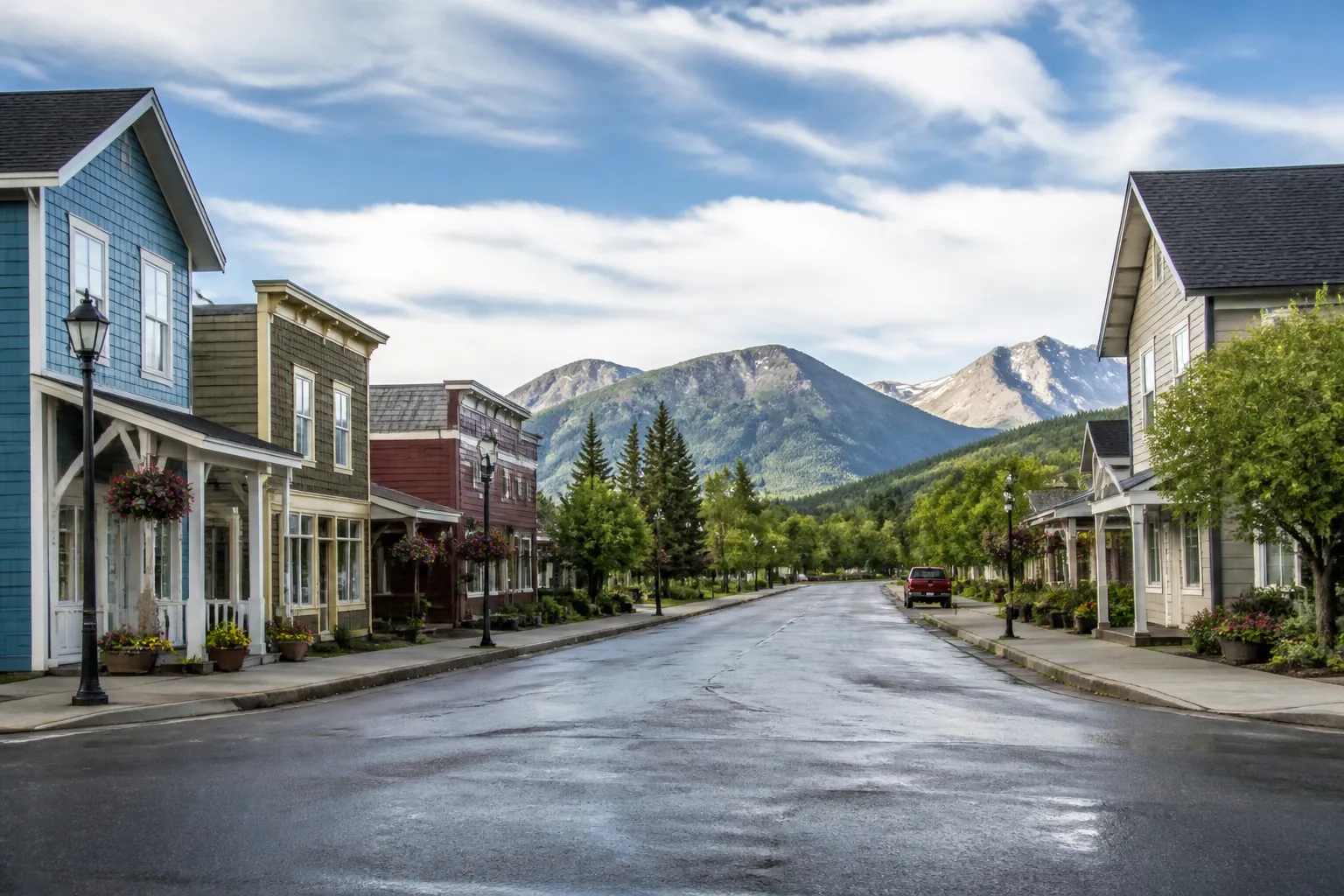 Rural town street with neat homes and modest storefronts.