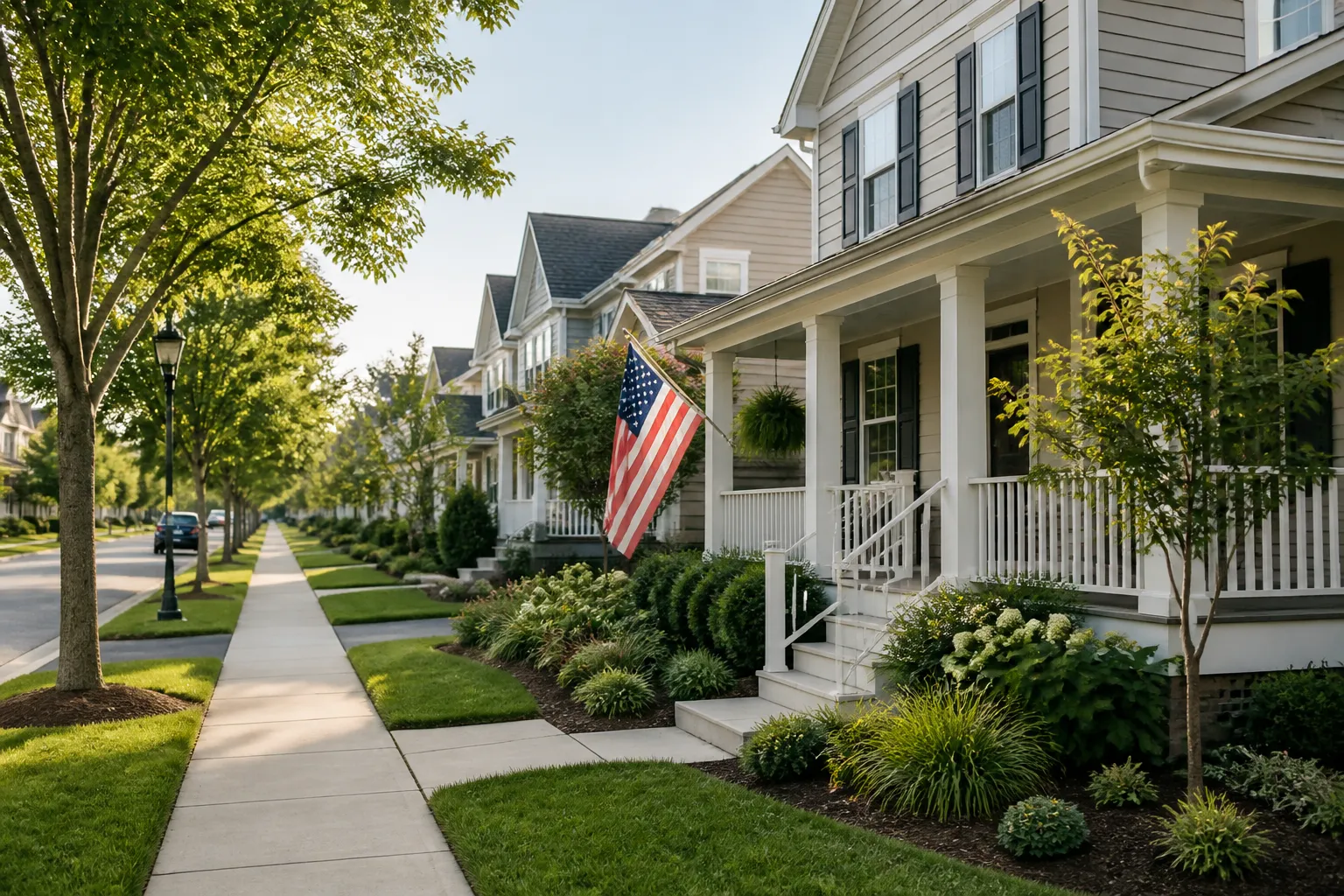 Orderly suburban neighborhood with homes and sidewalks.