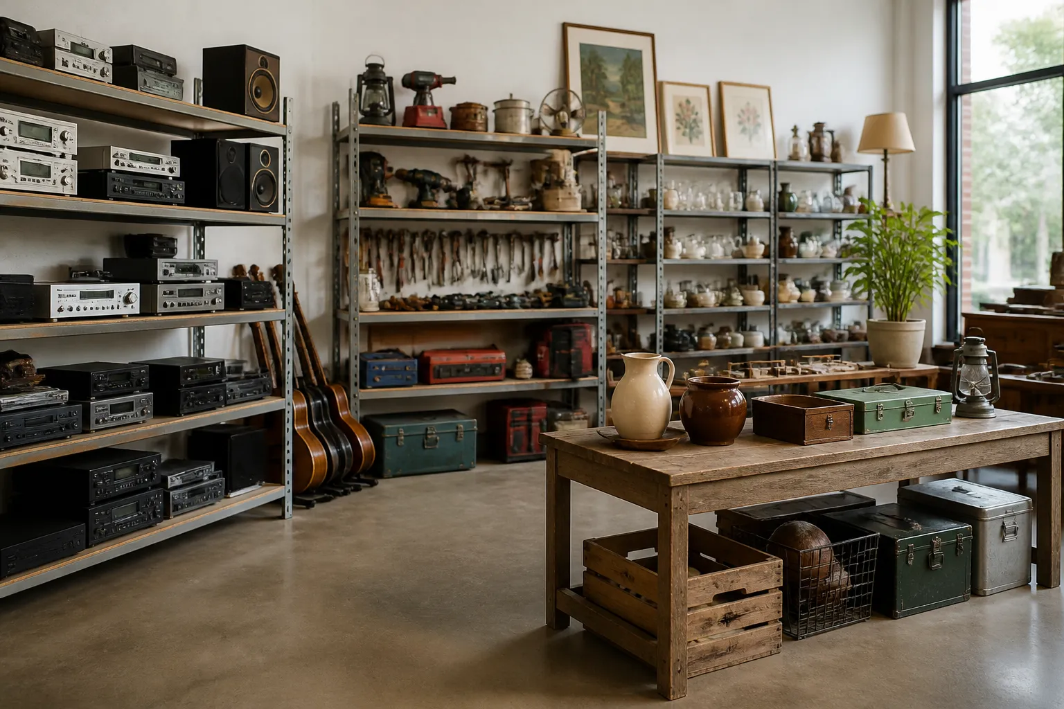 Bright organized resale showroom with neatly displayed mixed merchandise.