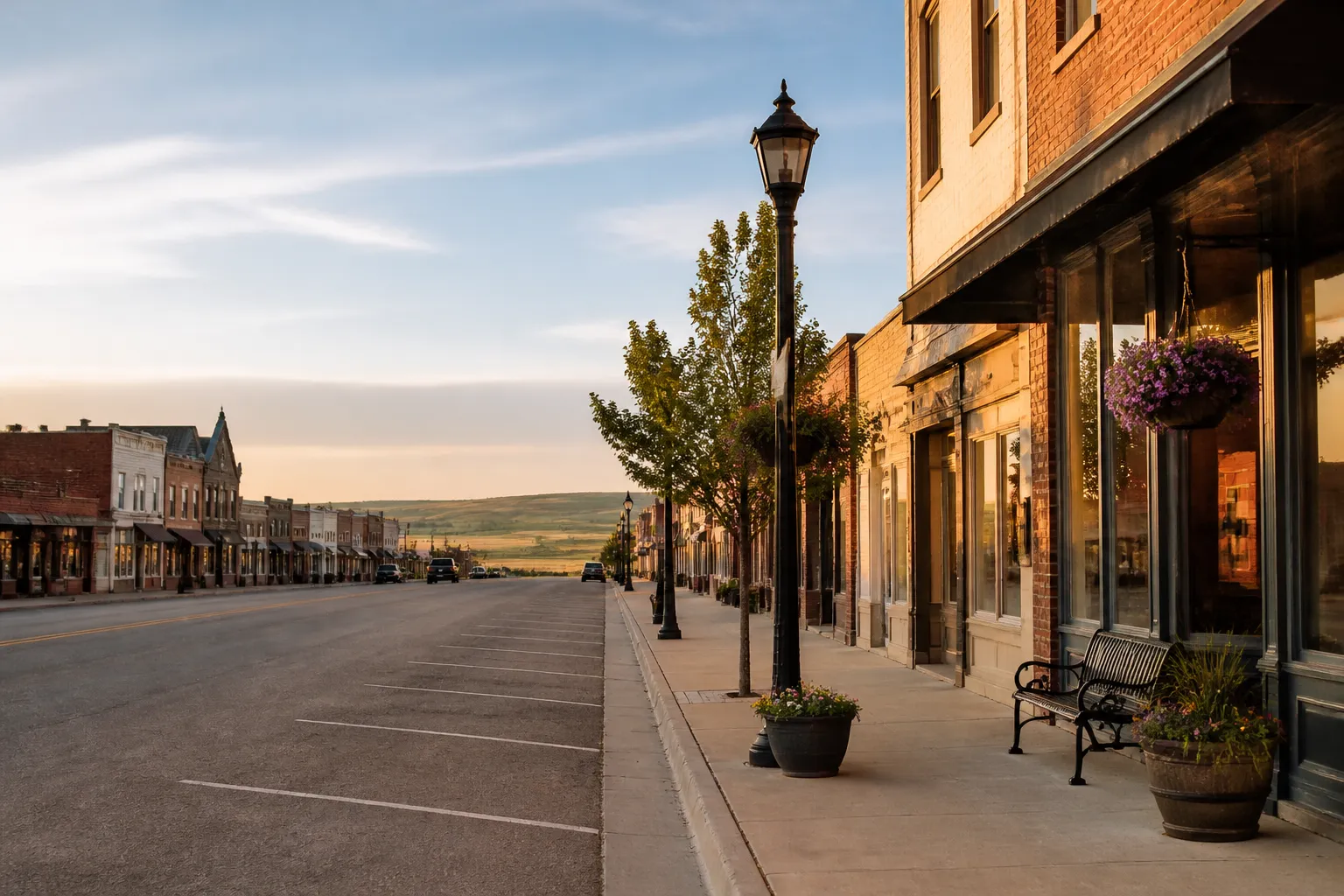 Small-town main street with clean storefronts and open sidewalks.