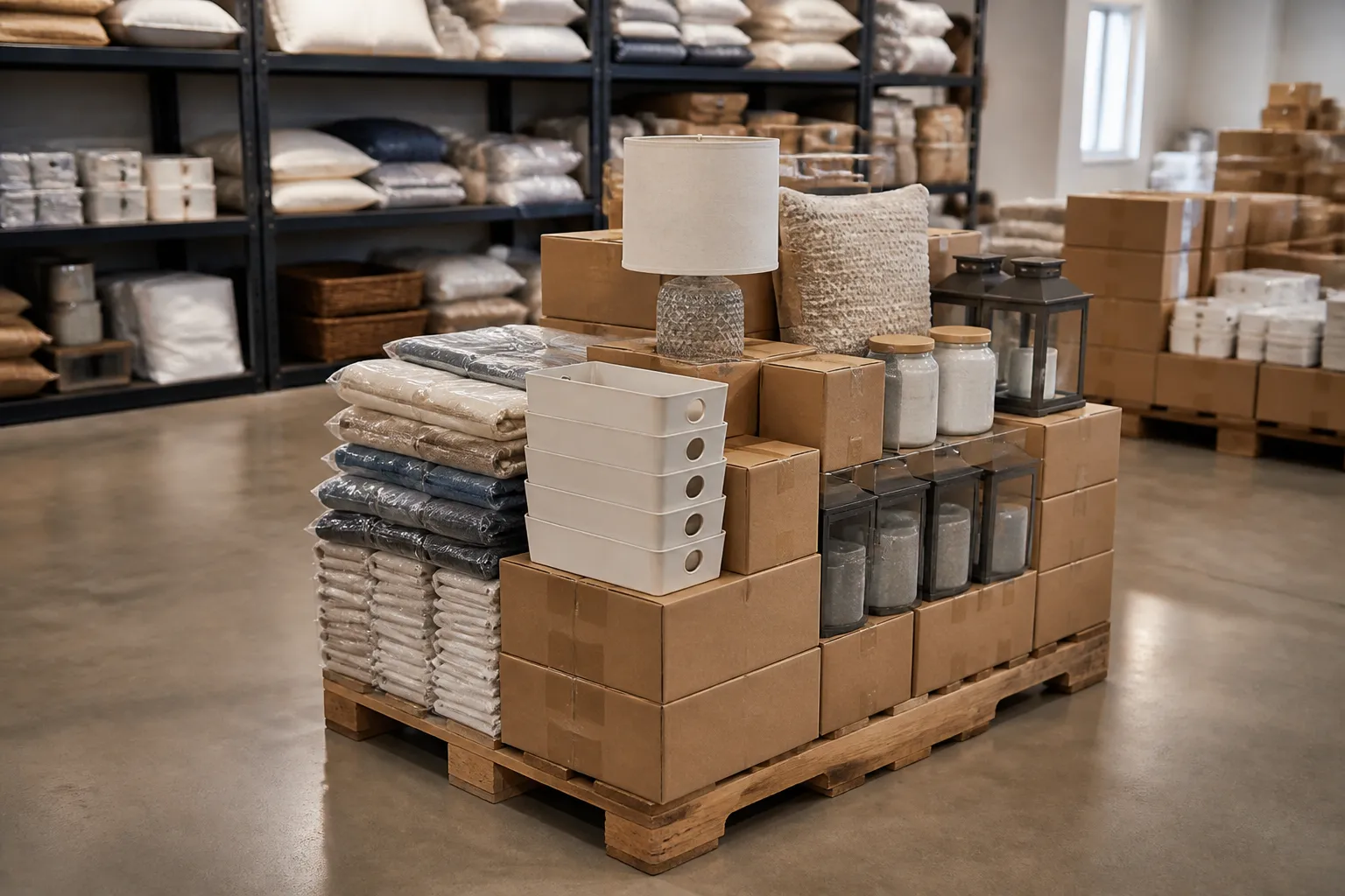 Surplus items stacked neatly in a clean warehouse space.