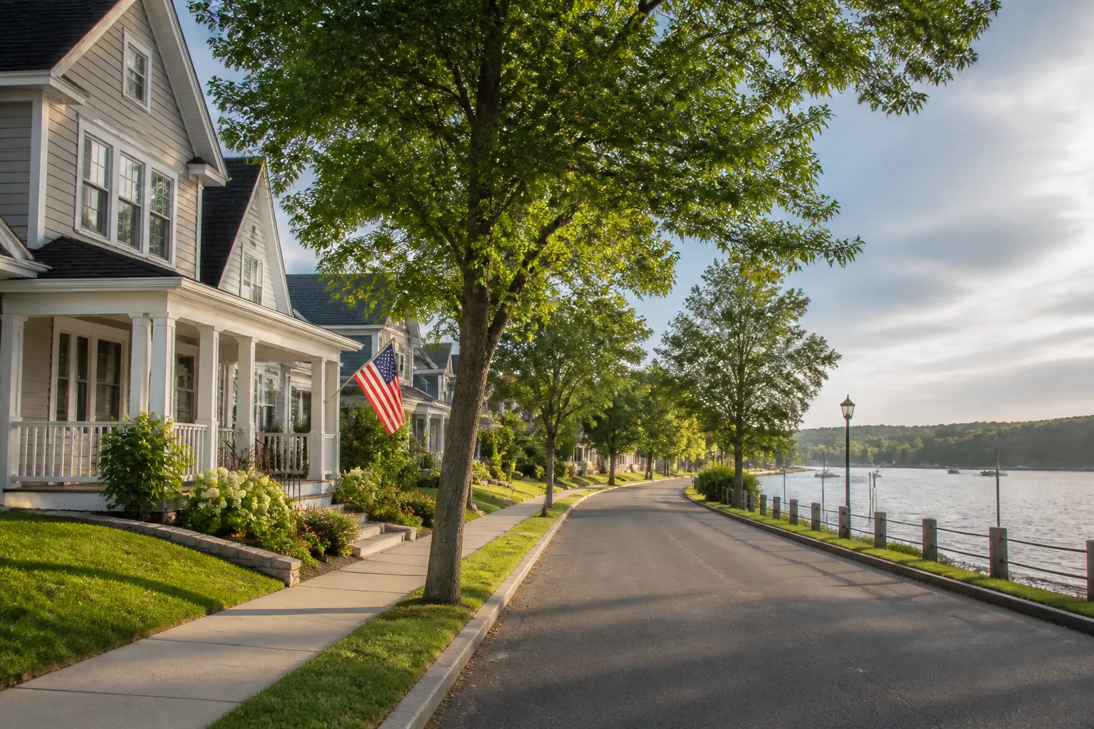 Quiet riverfront neighborhood with tidy homes and soft light.