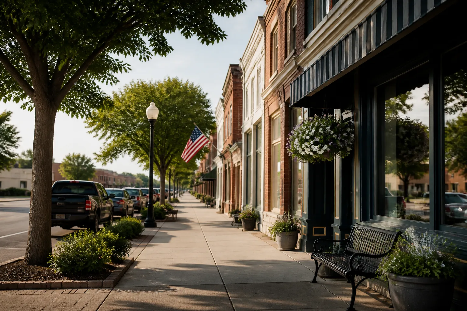 Welcoming small-town commercial street with tidy storefronts.