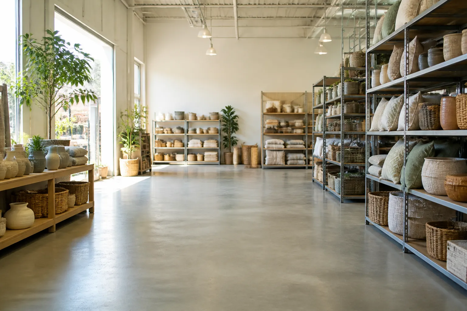 Welcoming retail warehouse interior with open space and organized merchandise.